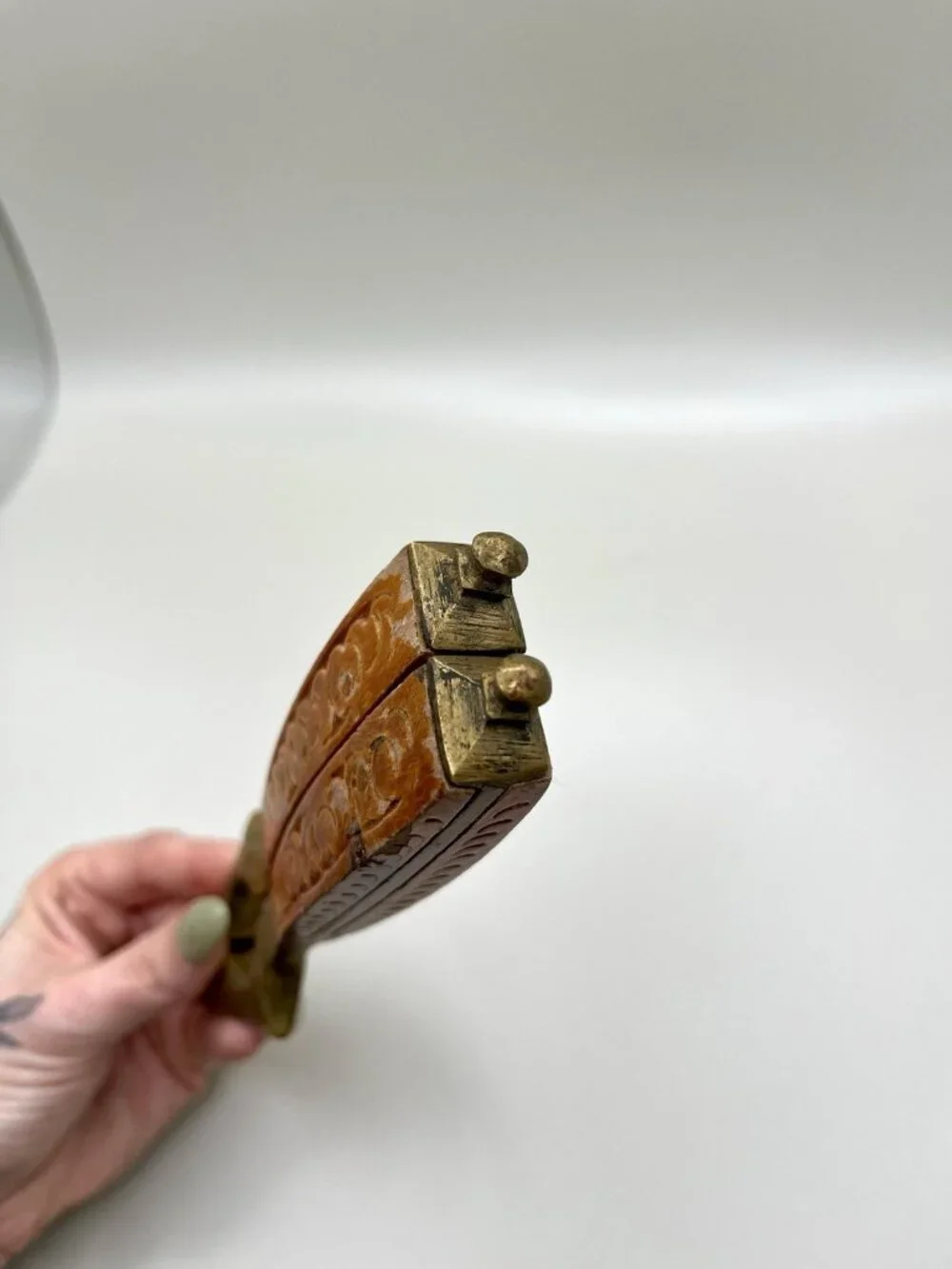 VTG Brass & Carved Wood Nutcracker Carved Handle Walnut Colonial Cottage Folk
